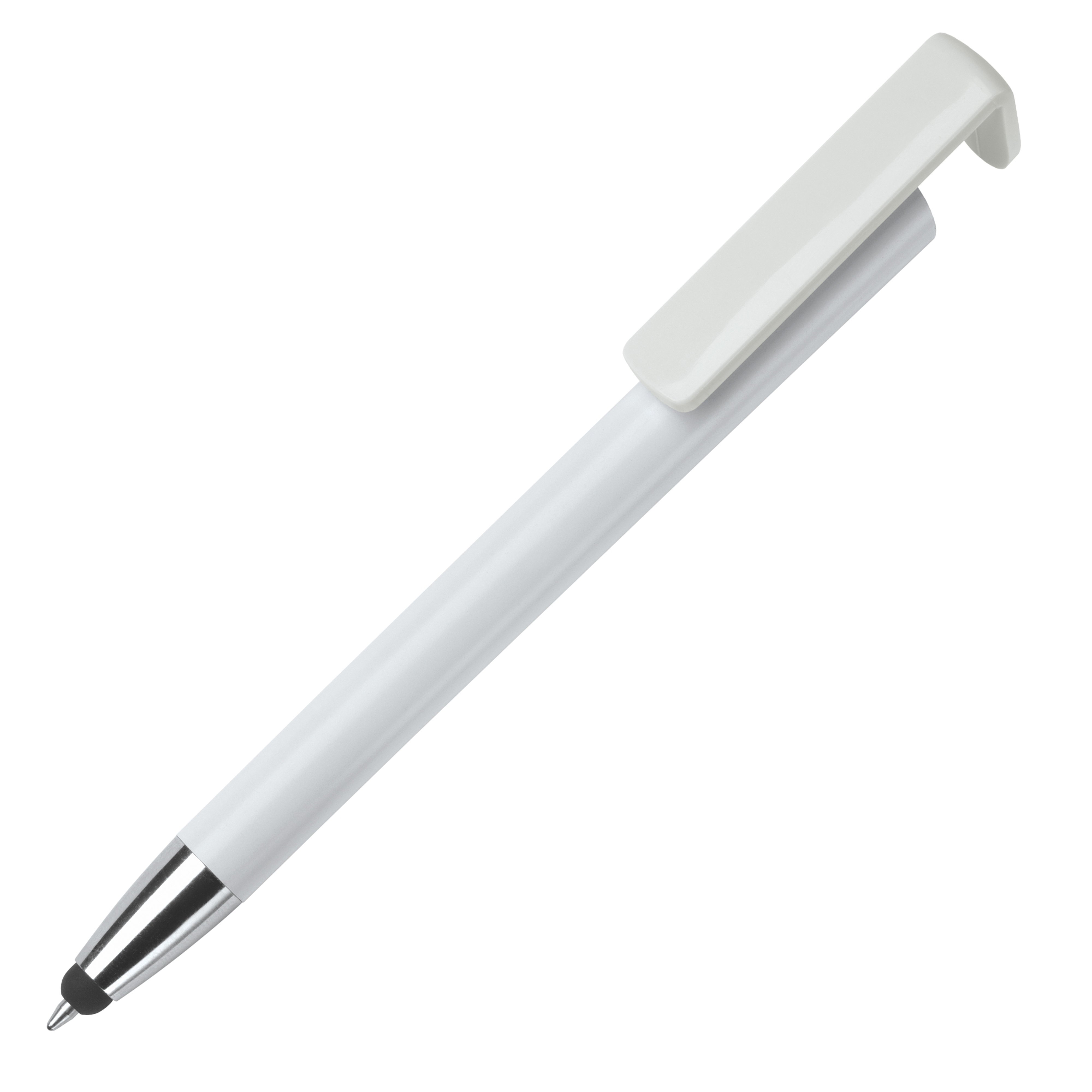 3 in 1 stylus balpen - kunststof - blauwe inkt - telefoonstandaard hardcolour-Wit