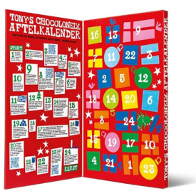 Tony's Chocolonely adventskalender klein - 24 Tiny Tony's - melk en karamel zeezout - met banderol