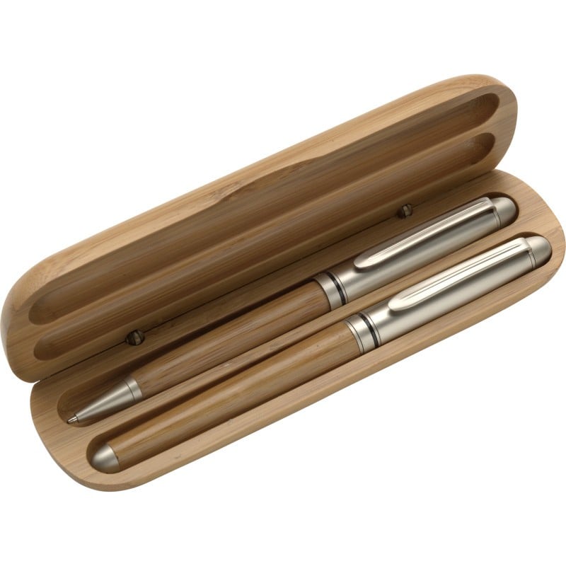 Addie pennenset - bamboe - blauwe inkt - balpen en rollerbalpen - geschenkverpakking