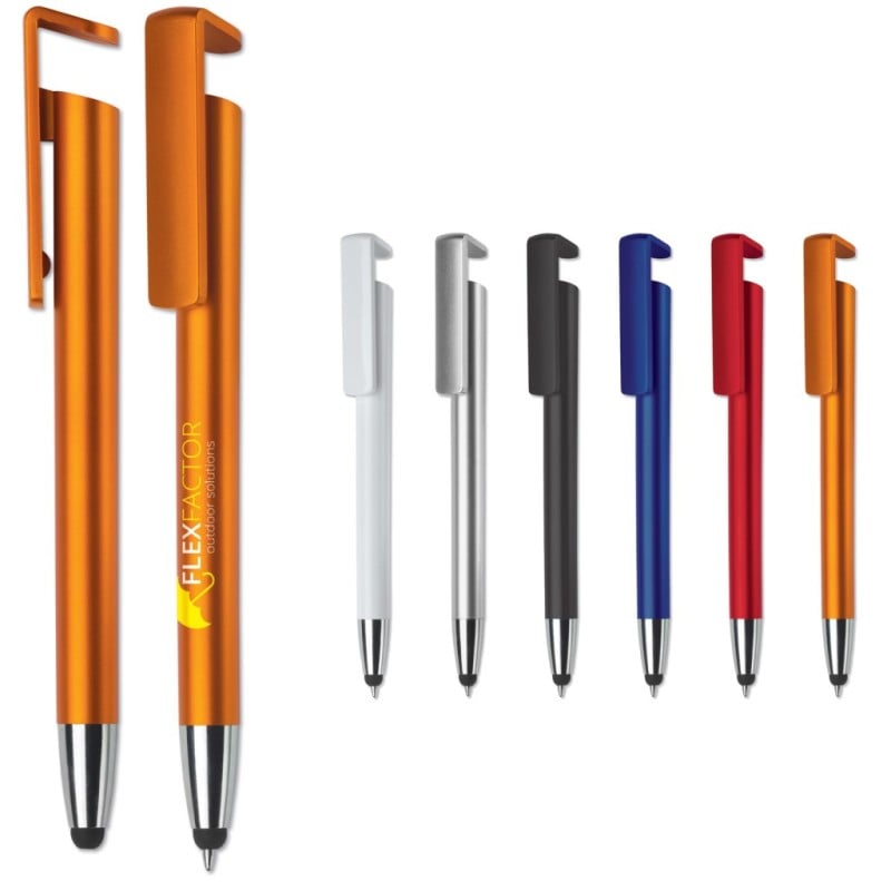 3 in 1 stylus balpen - kunststof - blauwe inkt - telefoonstandaard hardcolour