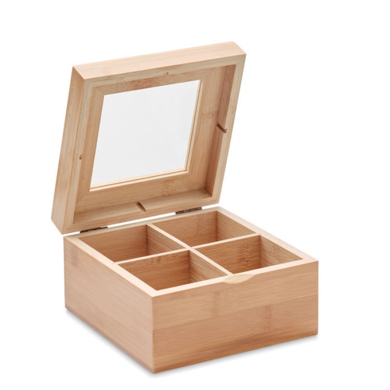 Theedoos met transparante deksel - bamboe - 14x14x7.5cm - voor 24 zakjes