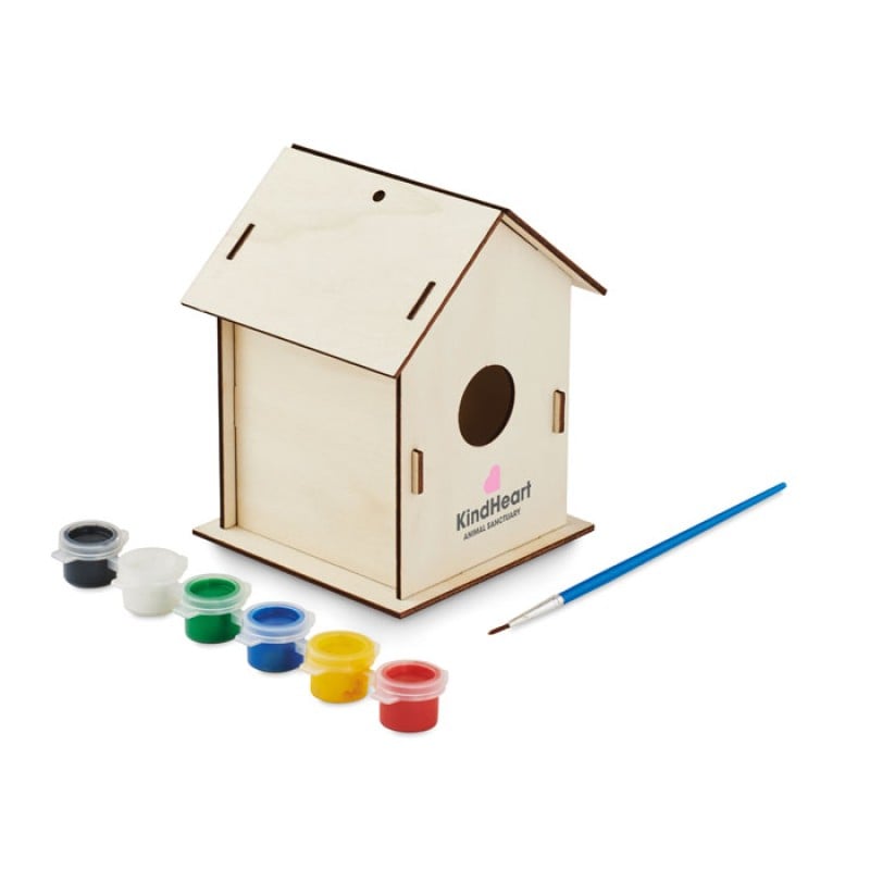 DIY vogelhuisje - populierenhout - penseel en 6 kleuren - voorgezaagd