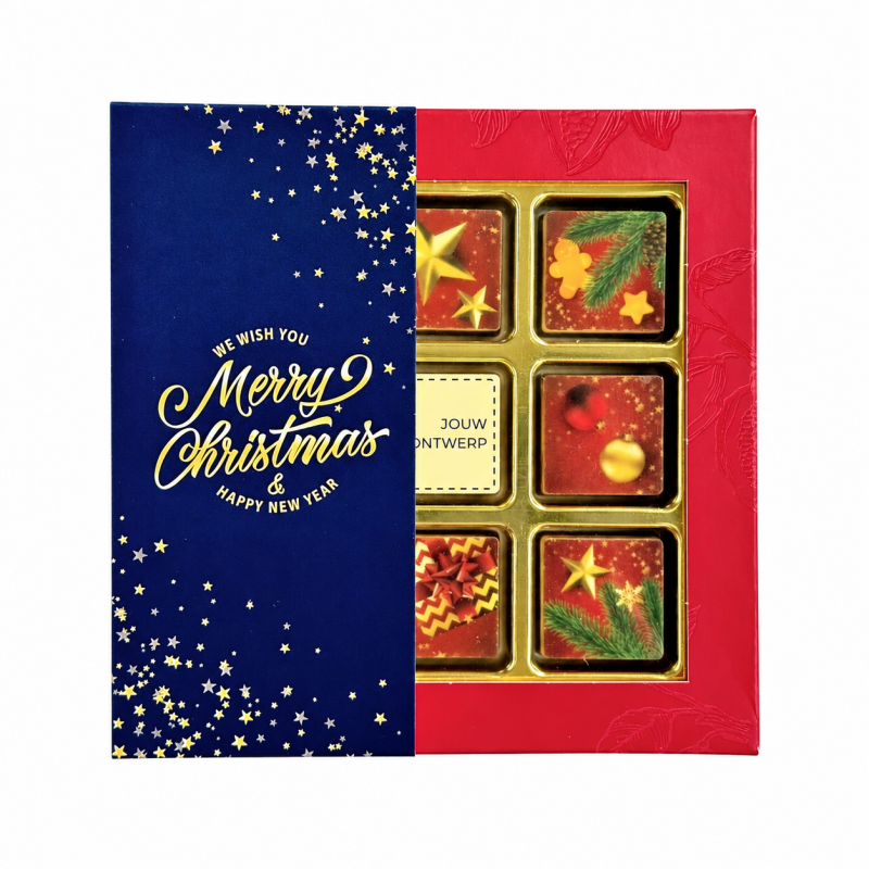 Giftbox chocolade Kerst - 9 blokjes - 1 blokje gepersonaliseerd