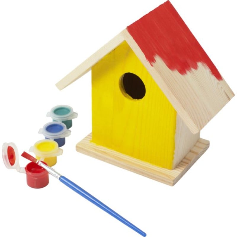 Vogelhuisje met verf set - hout - vier kleuren en kwast