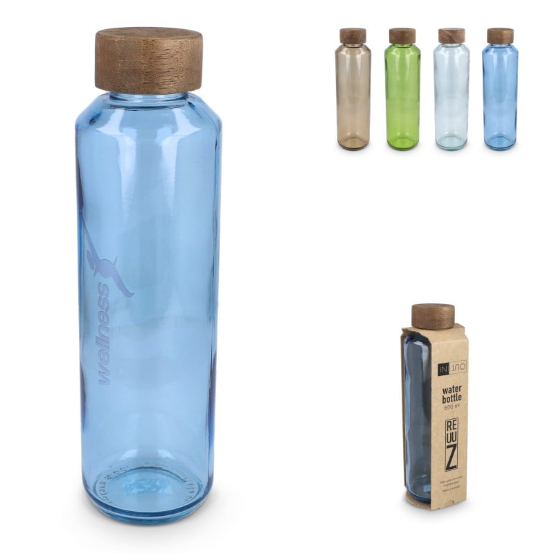 InSideOut ReuuZ waterfles - 650ml - gerecycled glas - houten dop
