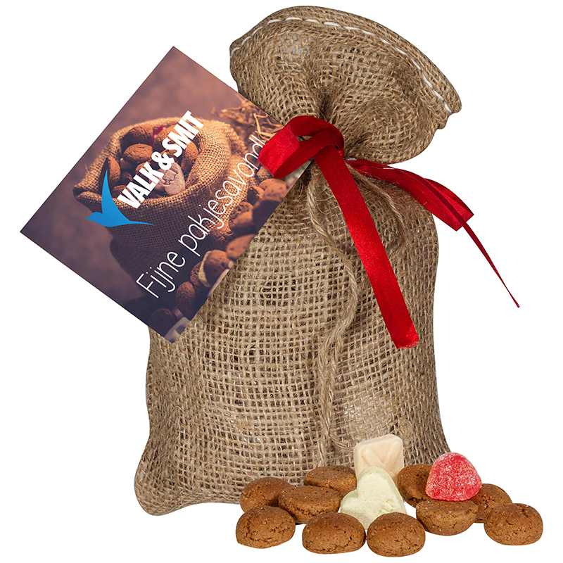 Jute zak met strooigoed - 250 gram - met eigen kaartje