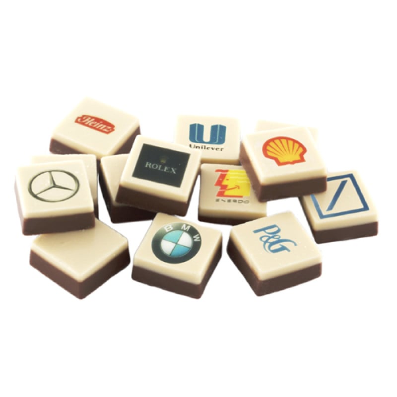 Logoblokje chocolade - 11 gram per stuk - melk - vanaf 48 stuks in tray