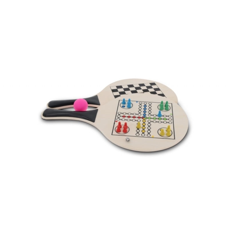 Strandtennisspel - MDF - racket met gezelsschapsspellen - verpakt in hoes