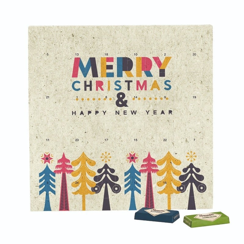 Adventskalender met standaard en ophangoog - 24 merkchocolaatjes - volledig bedrukt