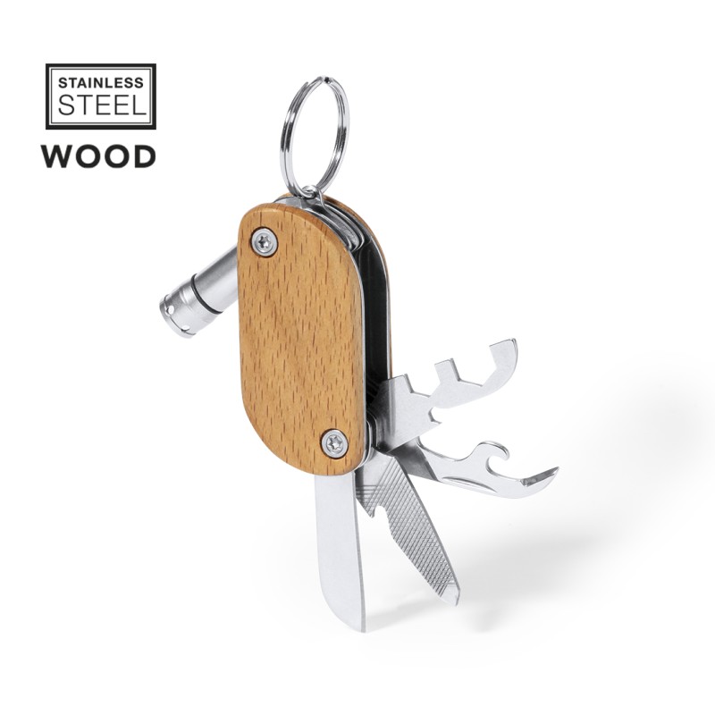Polty multitool sleutelhanger - RVS en hout - 9-functies - in doosje