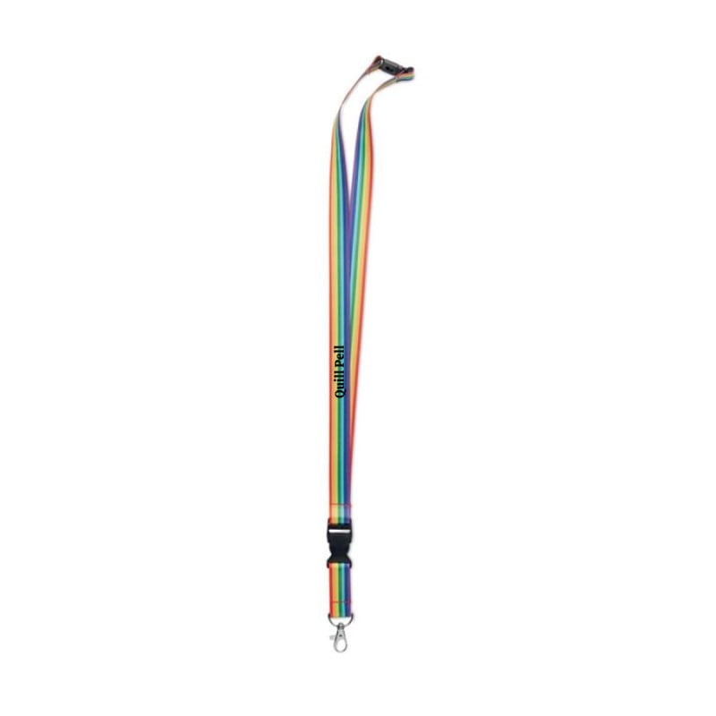 Regenboog keycord - rPET polyester - 20 mm - veiligheidssluiting - afneembare gesp - karabijnhaak