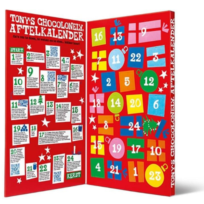 Tony's Chocolonely adventskalender klein - 24 Tiny Tony's - melk en karamel zeezout - met banderol