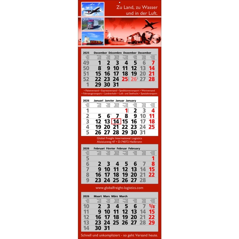 Wandkalender Classic - 4 maandblokken - met dagschuiver en ophangoog
