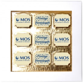 Logo chocolade bonbons - 9 stuks - wit, melk, puur met hazelnootpraline - in geschenkdoos