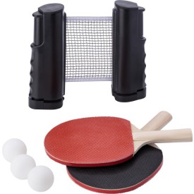 Melinda tafeltennisset - kunststof en hout - 2 batjes - 3 ballen - uitschuifbaar net - verpakt in rPET zakje