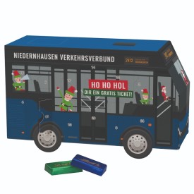 Adventskalender in busvorm - 24 merkchocolaatjes - rondom bedrukt