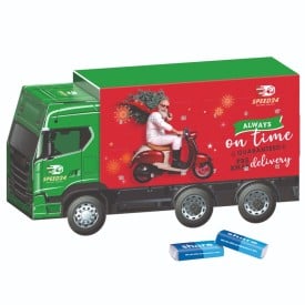 Adventskalender in vrachtwagenvorm - 24 merkchocolaatjes - rondom bedrukt