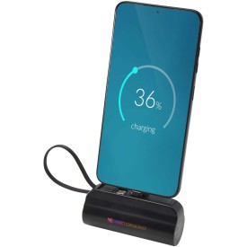 Alnair Type-C powerbank van 5000 mAh 10 W van gerecycled plastic met ingebouwde klapstandaard en 2 in 1 kabel-Zwart