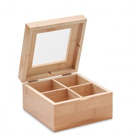Theedoos met transparante deksel - bamboe - 14x14x7.5cm - voor 24 zakjes