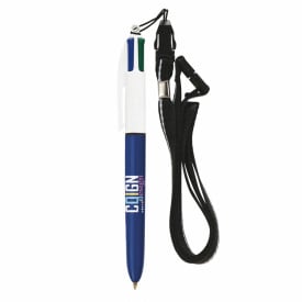BIC® 4 Colours balpen + Lanyard-Wit/marineblauw