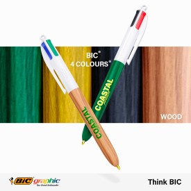 BIC® 4 Colours® balpen - gerecycled kunststof - hout stijl