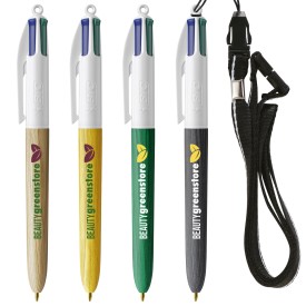 BIC® 4 Colours® balpen - gerecycled kunststof - hout stijl - met lanyard
