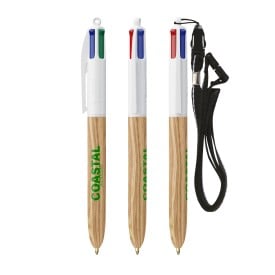 BIC® 4 Colours® balpen - gerecycled kunststof - hout stijl - met lanyard