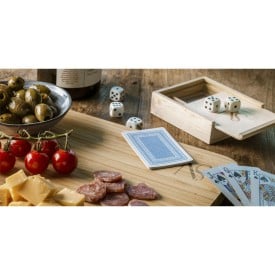 Dice & Play gezelschapsspel - 5 dobbelstenen - 1 kaartset - houten kistje