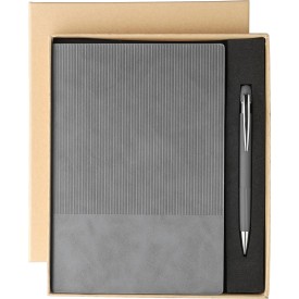Gerecycled PU-notitieboek (A5) en balpenset Tarek-Grijs