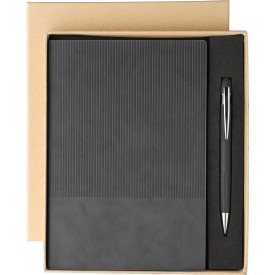 Gerecycled PU-notitieboek (A5) en balpenset Tarek-Zwart