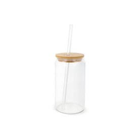 Glas met bamboe deksel & rietje 450 ml-Transparant