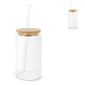Drinkglas 450ml - bamboe deksel - met rietje