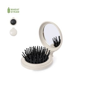 Flege haarborstel met spiegel - tarwestro - diameter 6.6cm - opvouwbaar