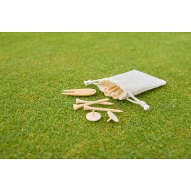 Nyssa golftees-set - hout - 6 tees, pitchfork en 2 markers - verpakt in katoenen zakje