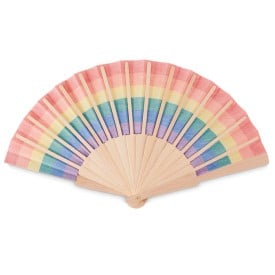 Regenboog handwaaier - polyester - 23 cm - houten handvat