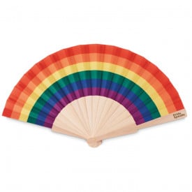 Regenboog handwaaier - polyester - 23 cm - houten handvat