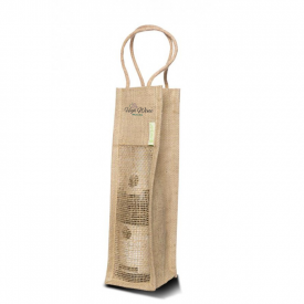 Tas voor 1 (wijn)fles 33 x 8 x 7,5 cm - jute/katoen - mesh kijkvenster - katoenen koorden