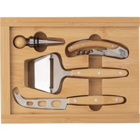 Kaas- en wijnset 25,5 x 19,5 cm - bamboe - 6-delig