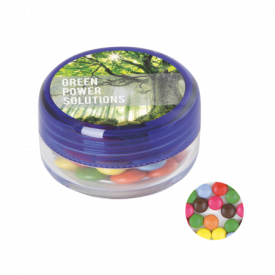 Kunststof rond potje gekleurd deksel met ca. 12 gr. choco carletties DIGITAAL tot in full colour-Donkerblauw