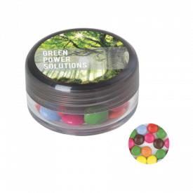 Kunststof rond potje gekleurd deksel met ca. 12 gr. choco carletties DIGITAAL tot in full colour-Donkergrijs