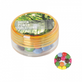 Kunststof rond potje gekleurd deksel met ca. 12 gr. choco carletties DIGITAAL tot in full colour-Geel