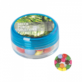 Kunststof rond potje gekleurd deksel met ca. 12 gr. choco carletties DIGITAAL tot in full colour-Lichtblauw
