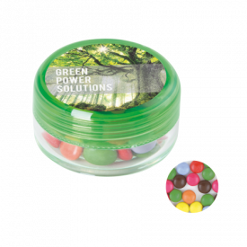 Kunststof rond potje gekleurd deksel met ca. 12 gr. choco carletties DIGITAAL tot in full colour-Lichtgroen