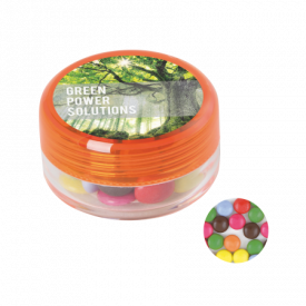 Kunststof rond potje gekleurd deksel met ca. 12 gr. choco carletties DIGITAAL tot in full colour-Oranje