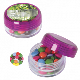 Kunststof rond potje gekleurd deksel met ca. 12 gr. choco carletties DIGITAAL tot in full colour-Paars