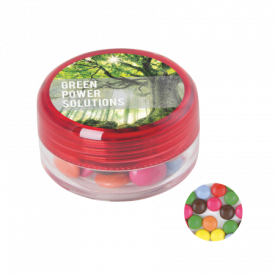 Kunststof rond potje gekleurd deksel met ca. 12 gr. choco carletties DIGITAAL tot in full colour-Rood