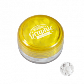 Kunststof rond potje gekleurd deksel met ca. 12 gr. mints TAMPONDRUK-Geel