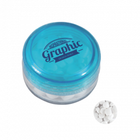 Kunststof rond potje gekleurd deksel met ca. 12 gr. mints TAMPONDRUK-Lichtblauw