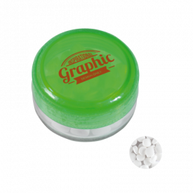 Kunststof rond potje gekleurd deksel met ca. 12 gr. mints TAMPONDRUK-Lichtgroen