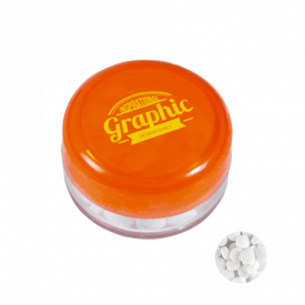 Kunststof rond potje gekleurd deksel met ca. 12 gr. mints TAMPONDRUK-Oranje